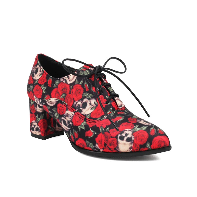 Gothic Rose Skull Print Chunky Heel Shoes on Luulla