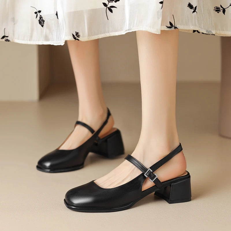 Elegant Black Closed-toe Block Heel Sandals