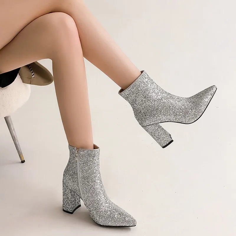 Womens Silver Glitter High Heel Ankle Boots