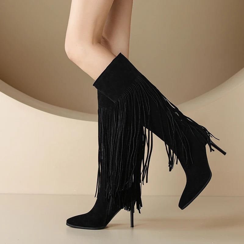 Black Suede Fringe High Heel Knee Boots on Luulla