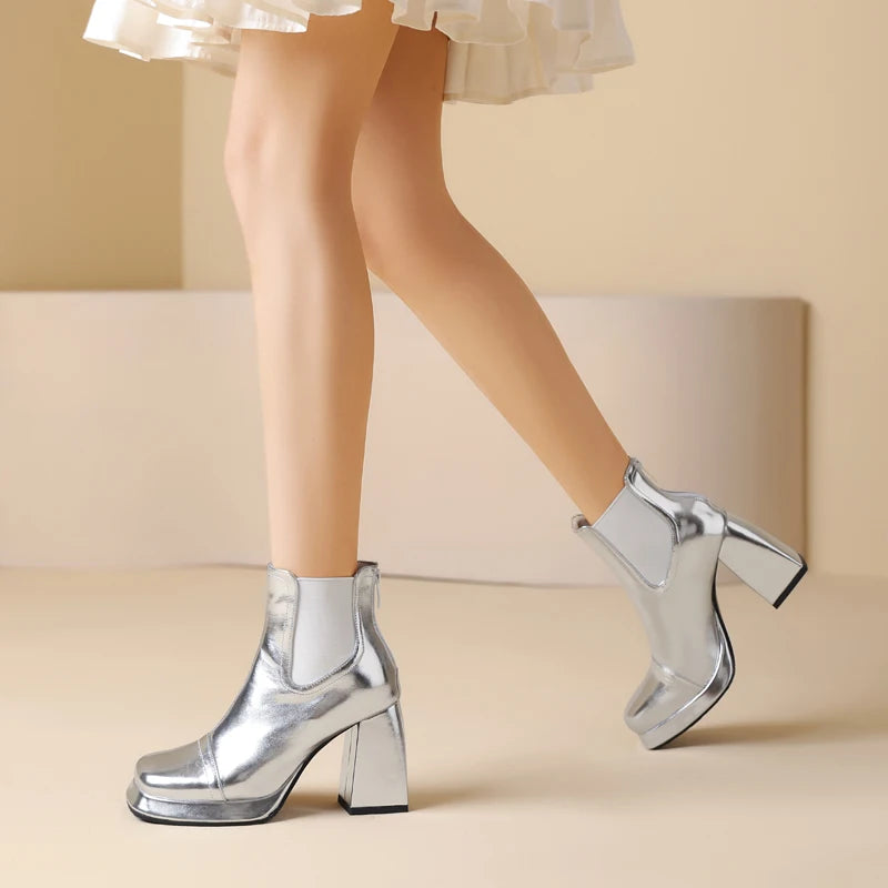 Silver chunky heel boots new arrivals