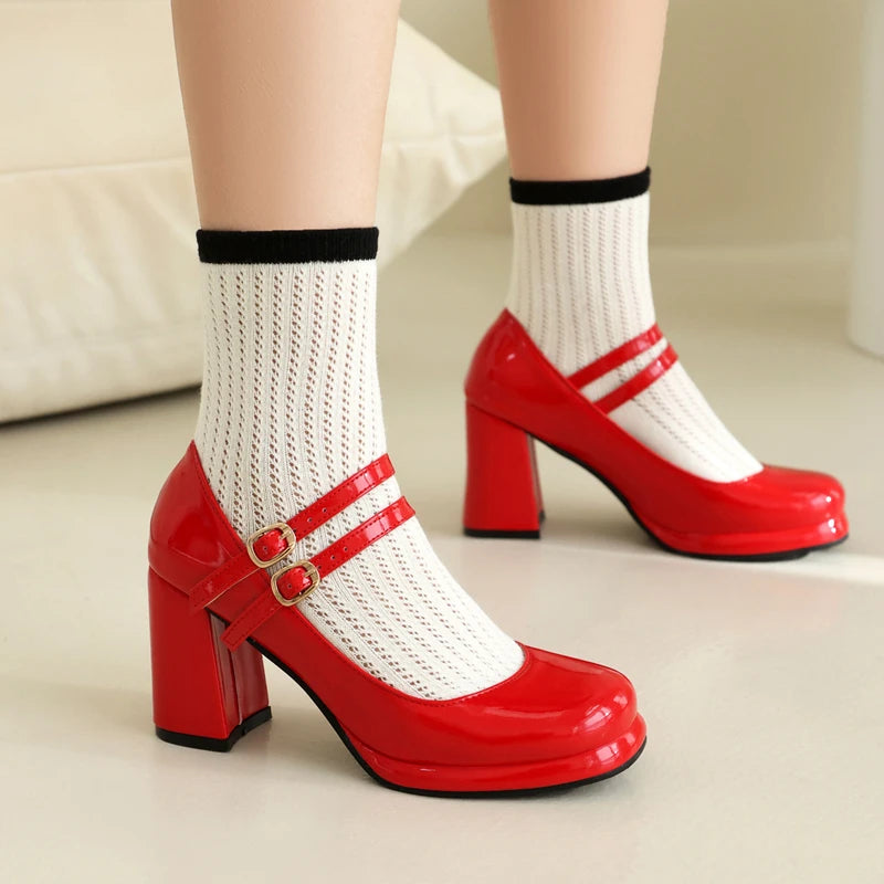 Red Patent Leather Double Strap Block Heels
