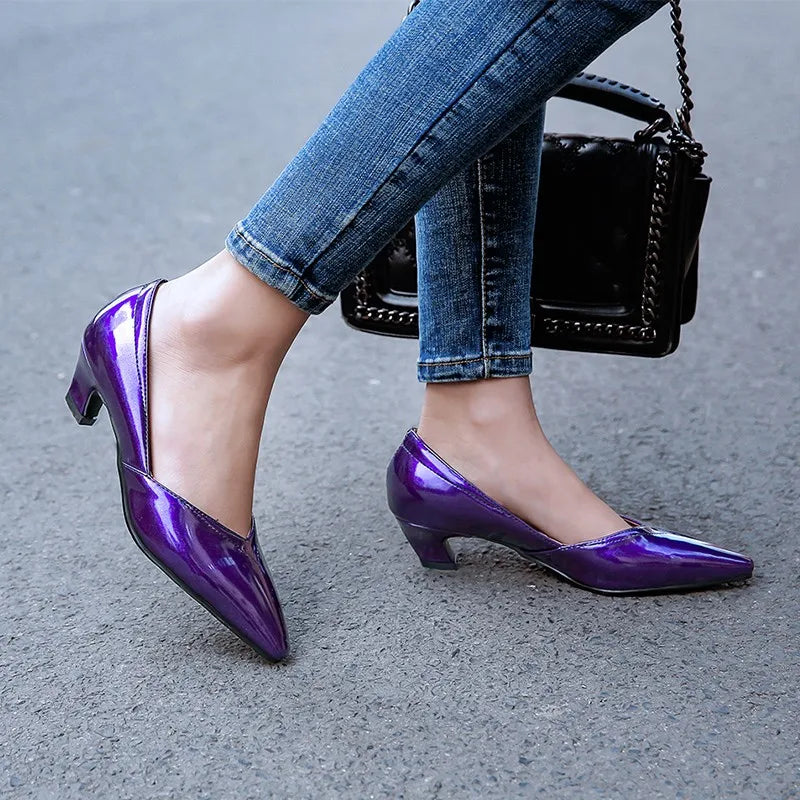 Shiny Purple Low Heel Pointed Toe Shoes