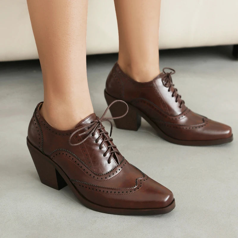 Elegant Womens Brown Genuine Leather Oxford Heels