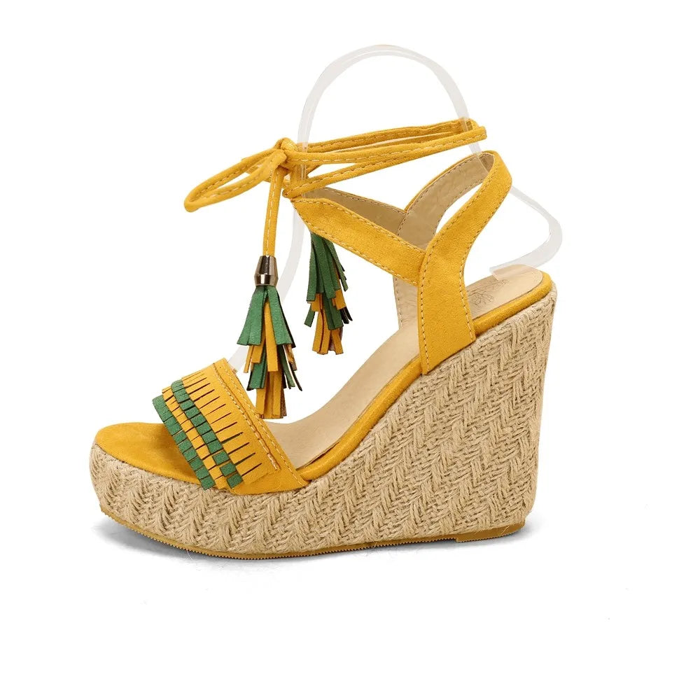 Stylish Yellow Wedge Sandals With Tassel Details on Luulla