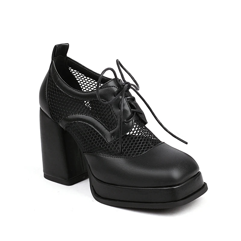 Womens Black Mesh Platform Chunky Heel Shoes