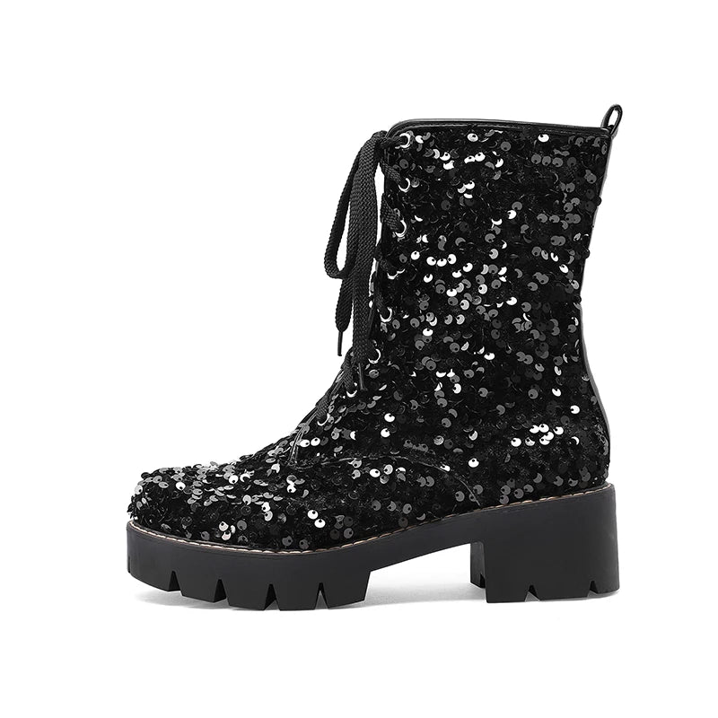 Glittery Black Sequin Lace Up Ankle Boots