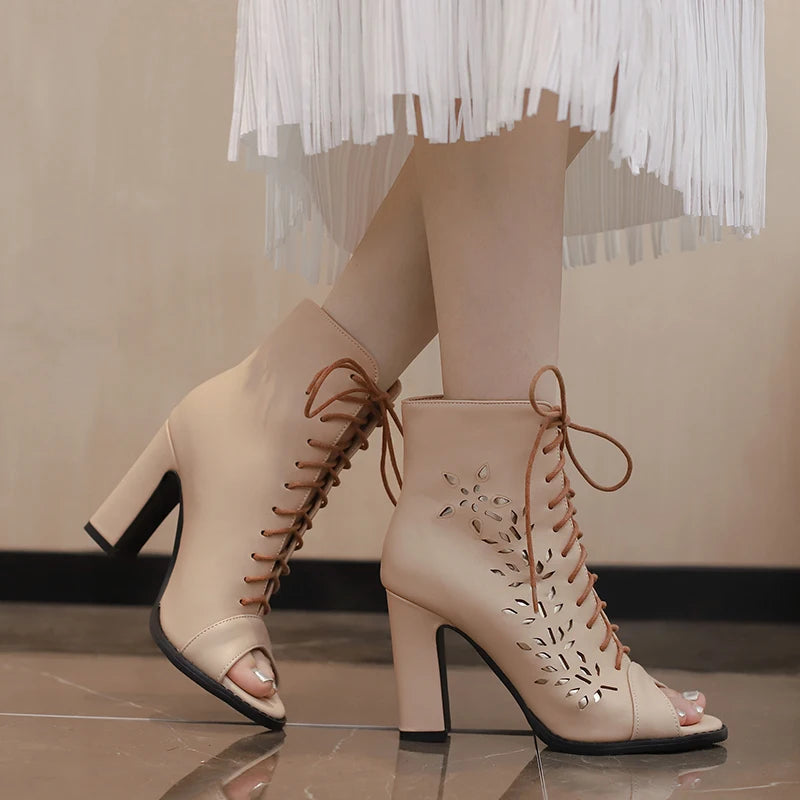 Lace up peep toe booties chunky heel 2025