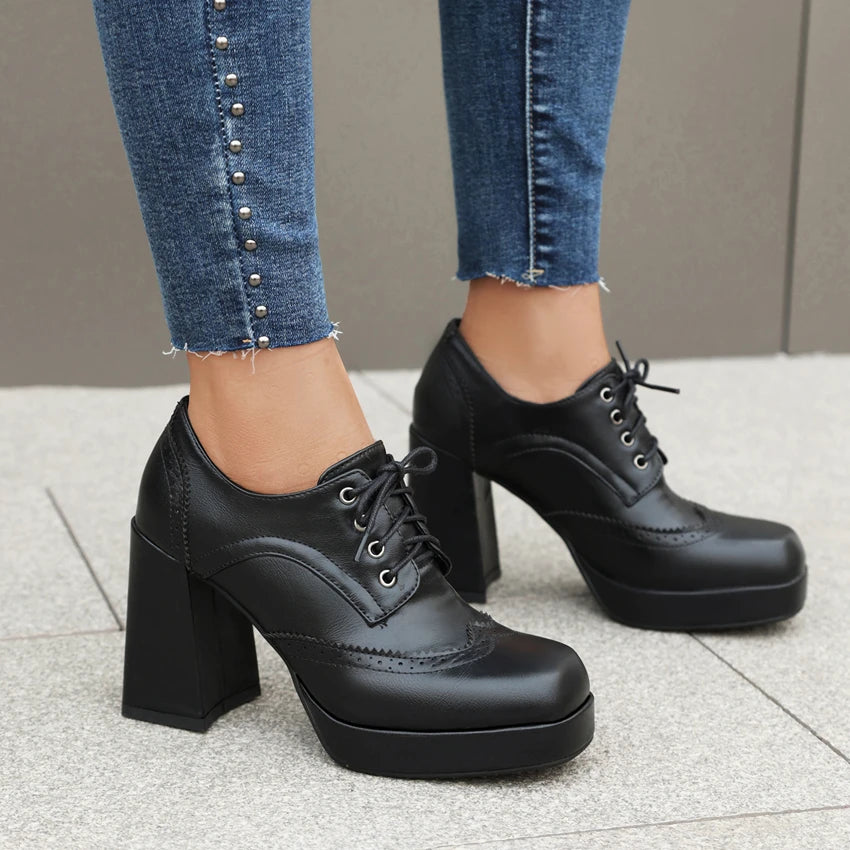 Black Chunky Heel Oxford Shoes For Women