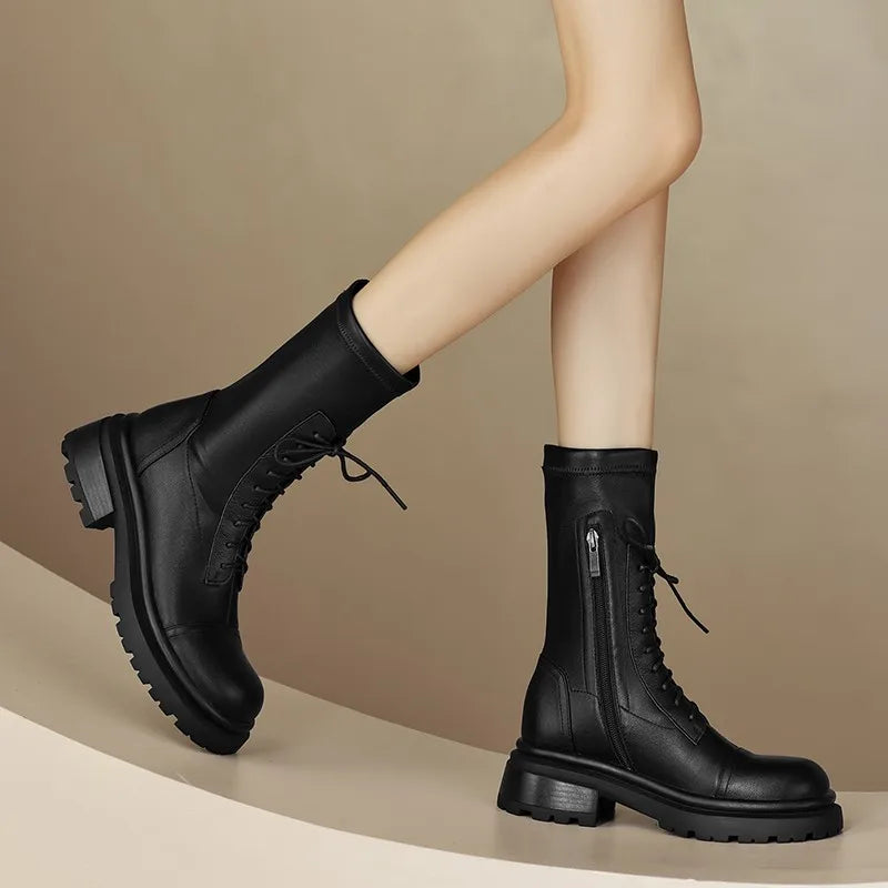 Womens Black Leather Mid calf Combat Boots