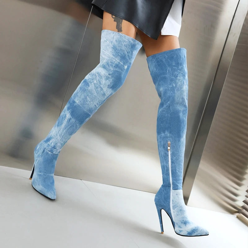 Light Blue Thigh-high Suede Stiletto Boots