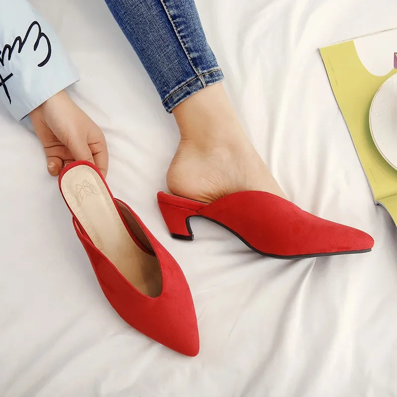 Stylish Red Pointed Toe Slip On Heel Mules