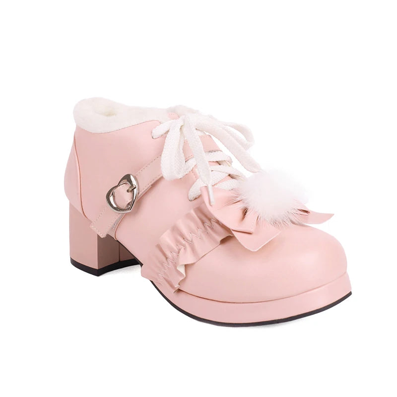 Pink Kawaii Lace Up Heart Bow Heeled Shoes