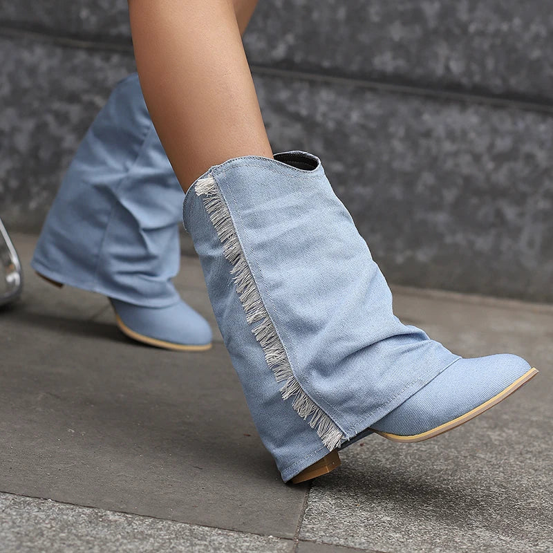Denim slouch boots top