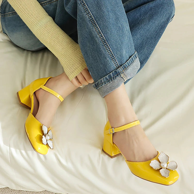 Yellow block heel shoes sale