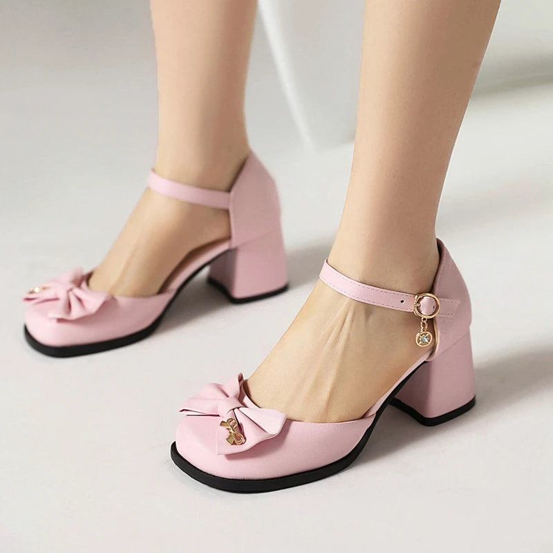 Pink Bowknot Ankle Strap Chunky Heel Shoes on Luulla
