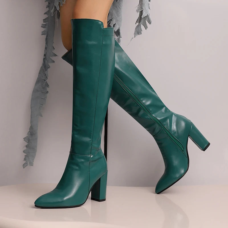 Emerald Green Knee high Block Heel Boots
