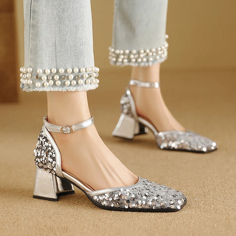 Womens Sequin Ankle Strap Block Heel Shoes