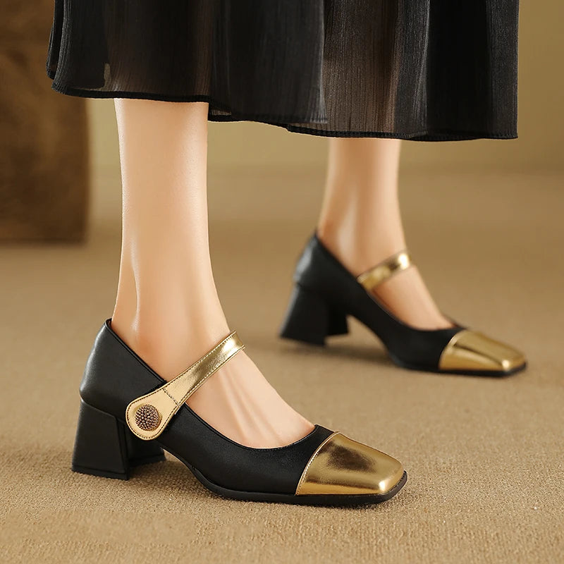 Elegant Black and Gold Block Heel Shoes