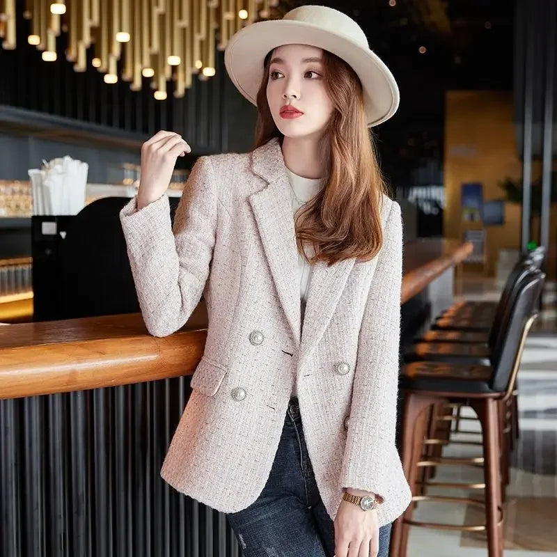 Chic Womens Double-breasted Tweed Blazer Jacket on Luulla