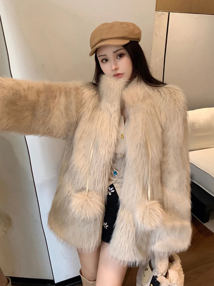 Turtleneck long sleeve elegant fur coats top