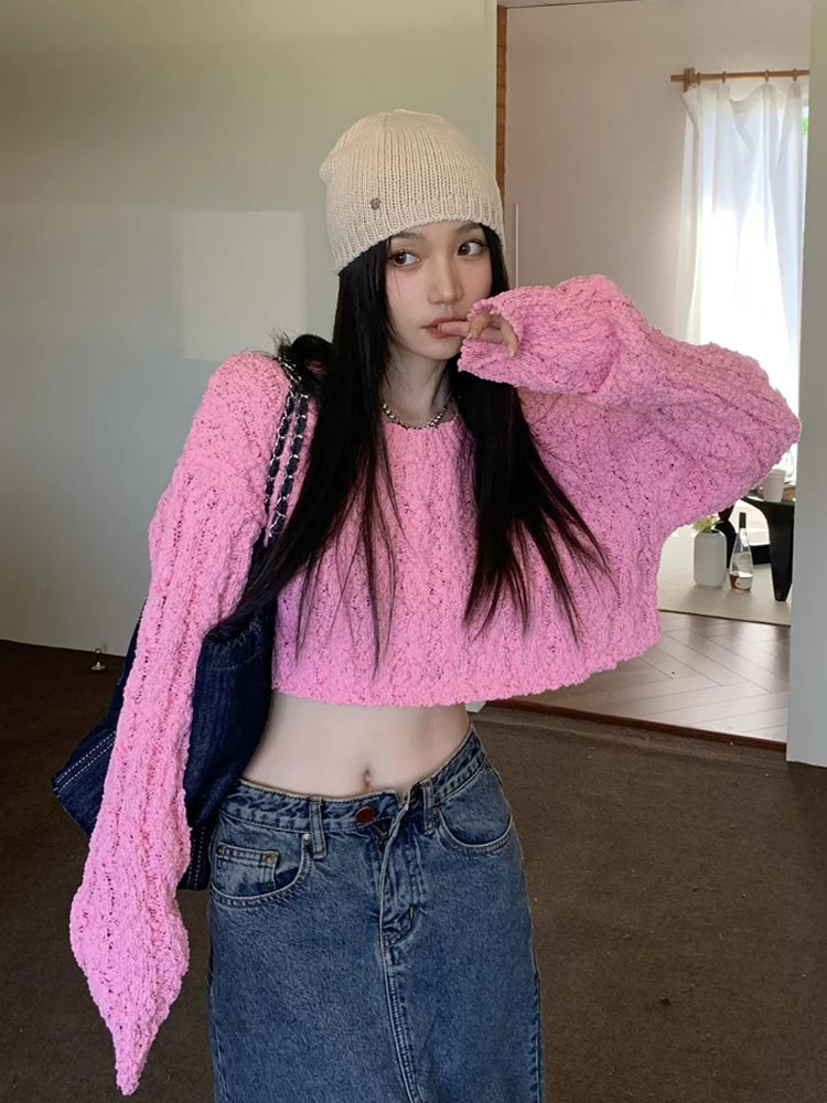 Cozy Knit Pink Cropped Sweater For Women on Luulla