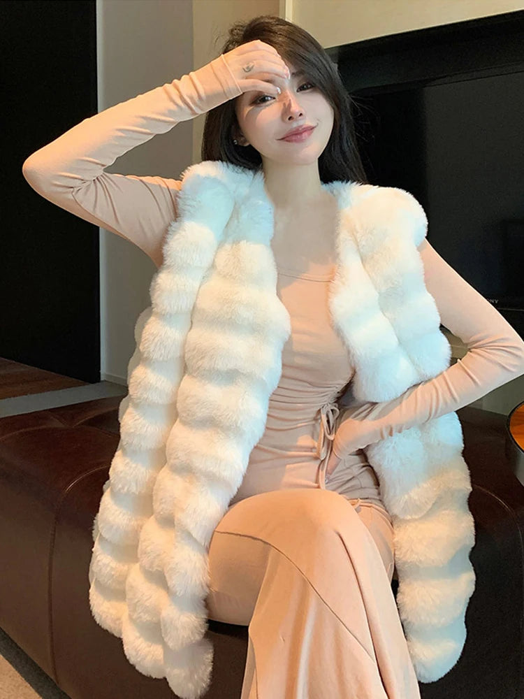 Women Sleeveless Vest Faux Fur Jacket Elegant Fashion Casual Solid O neck Mid length Versatile Waistcoats 2023 Autumn Winter