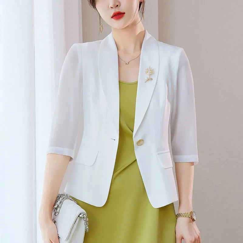 Womens Sheer White Blazer With Brooch Detail