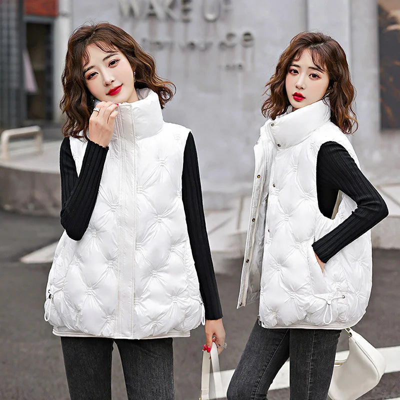 Cozy White Winter Quilted Sleeveless Puffer Vest on Luulla