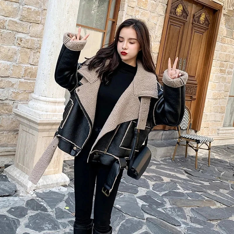 Chic Faux Shearling Black Leather Jacket Womens