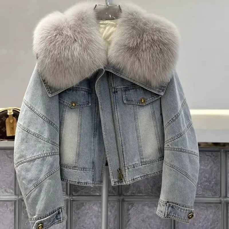 Womens Denim Jacket with Fur Collar