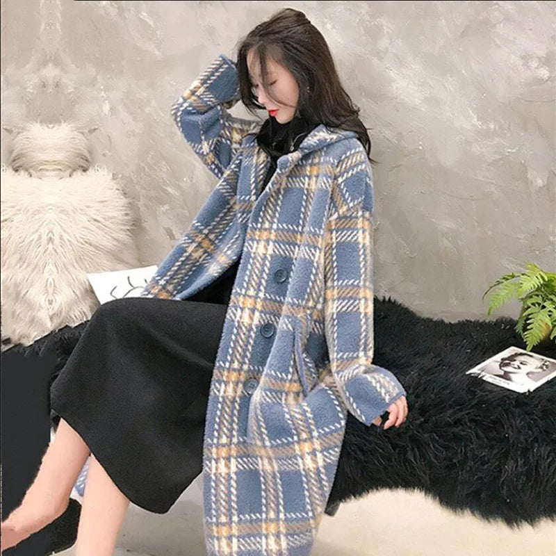 Cozy Blue Plaid Winter Coat For Women on Luulla
