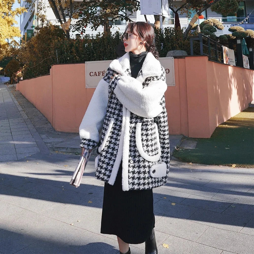 Oversized Black And White Houndstooth Winter Coat on Luulla