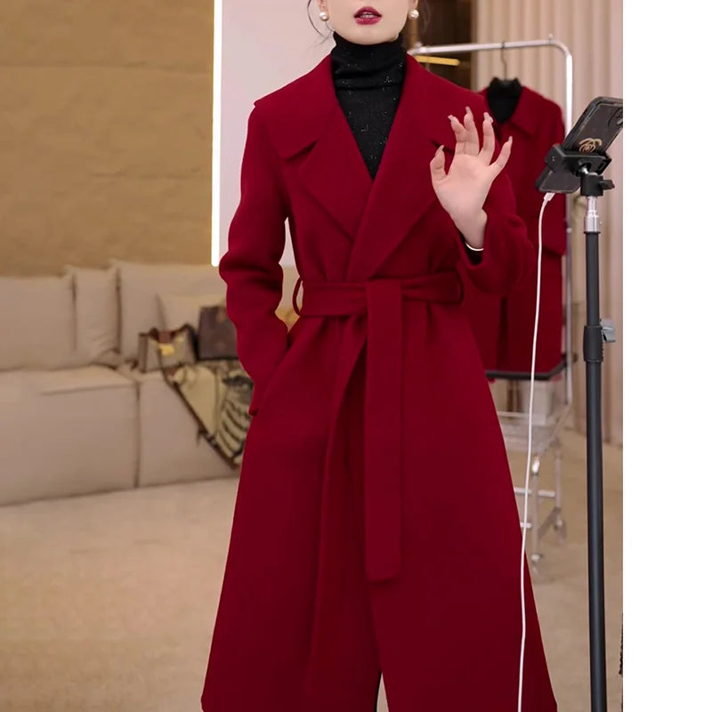 Red wool belted coat 2025