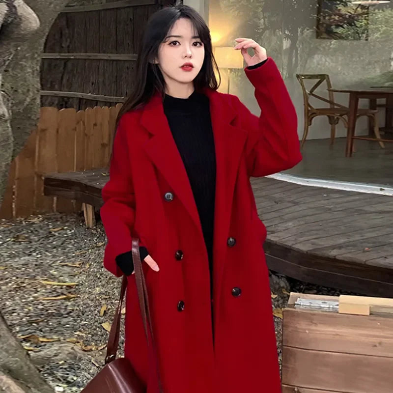 Womens Classic Long Red Woolen Winter Coat on Luulla