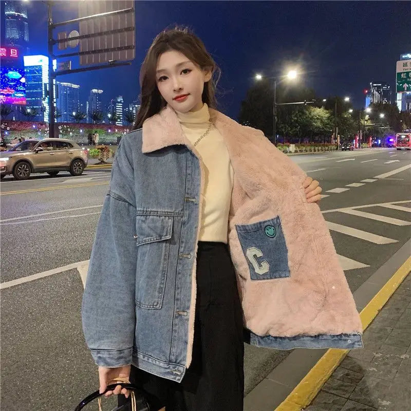 Rabbit Velvet Denim Cotton padded Jacket Women Overcoat Winter Wear On Both Sides Thick Warm Parker Coat Loose Jeans Jackets