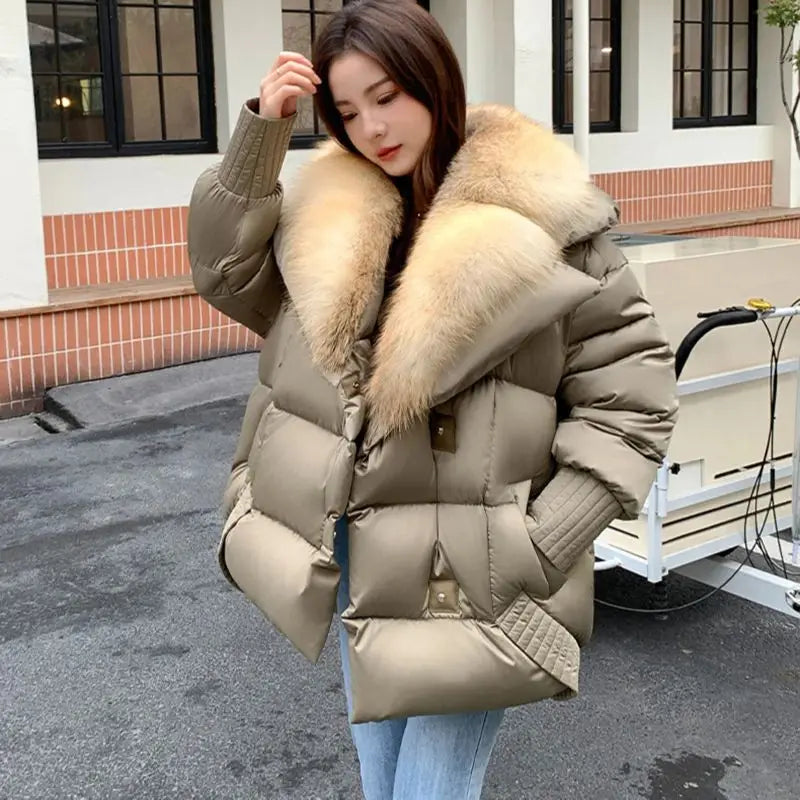 Womens Luxury Faux Fur Collar Winter Coat