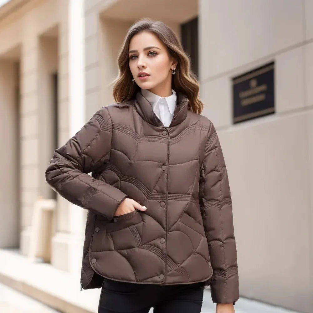 Womens Brown Quilted Button up Winter Jacket