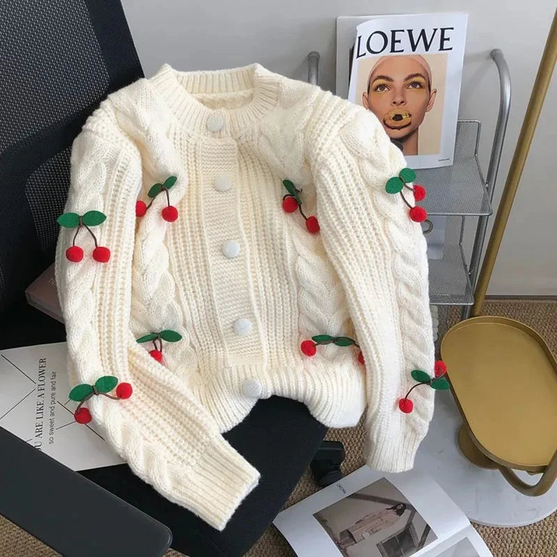 Tourtownbeach Cozy White Cable Knit Cherry Cardigan Sweater