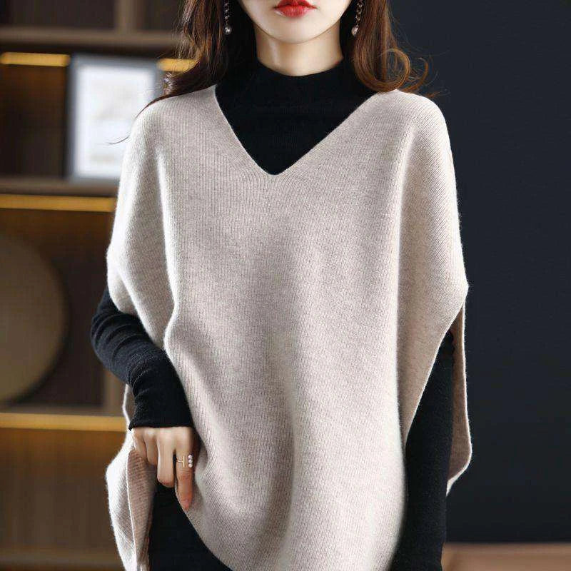 Tourtownbeach Womens Stylish V Neck Knit Poncho Sweater