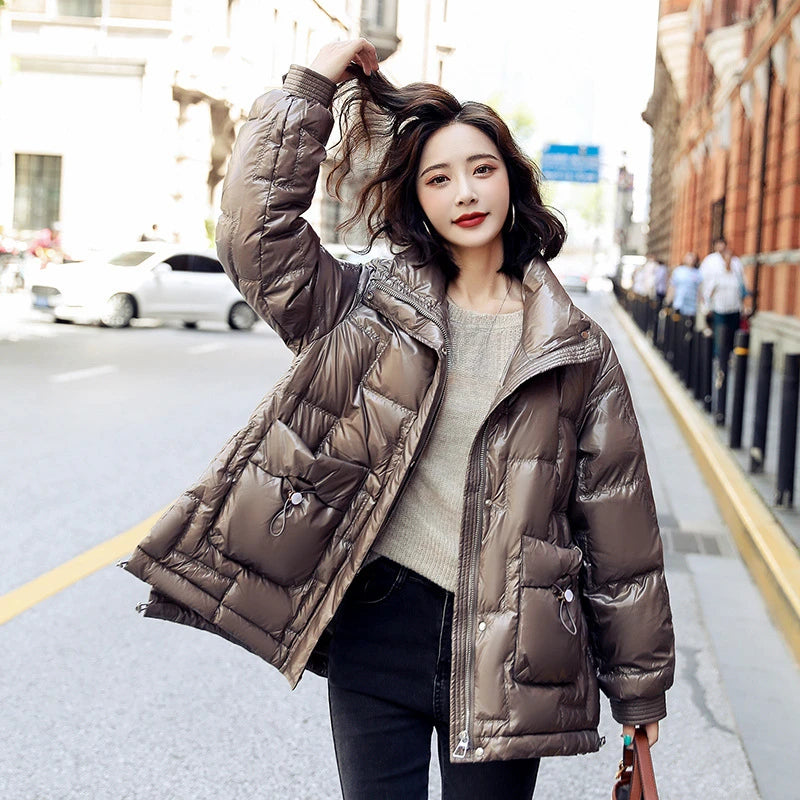 Stylish Womens Metallic Puffer Jacket With Pockets on Luulla
