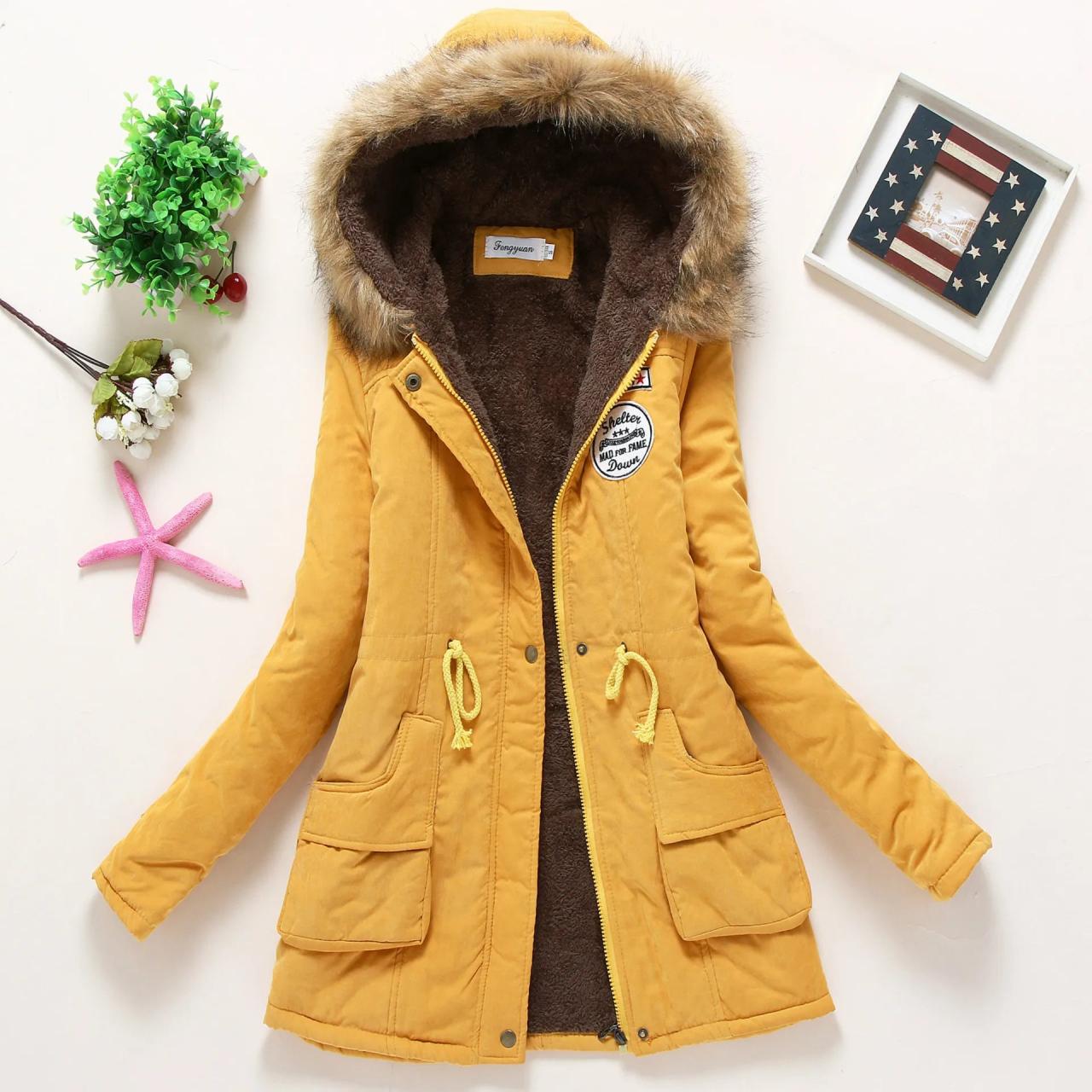 Cozy Yellow Hooded Winter Jacket With Fur on Luulla
