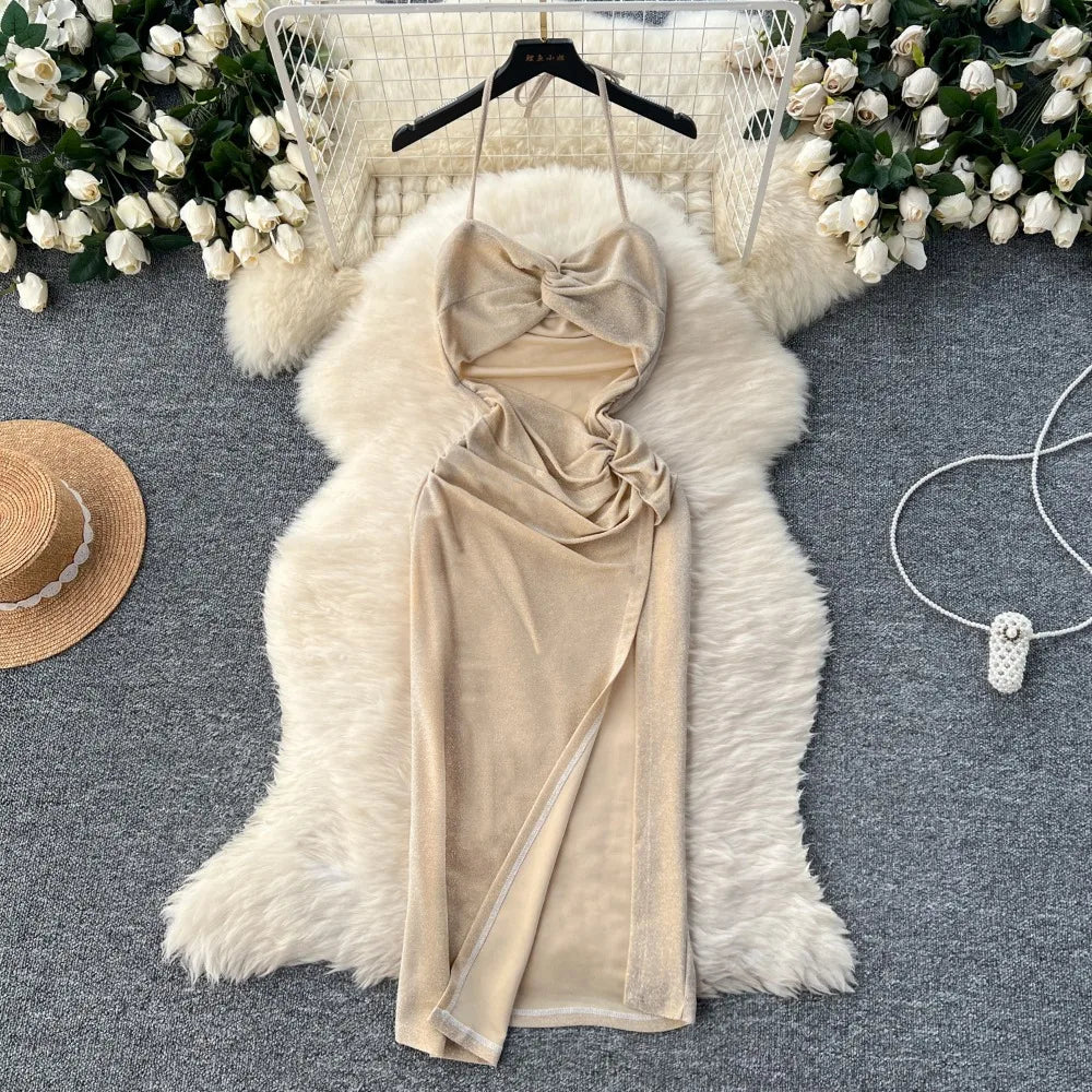 Strapless Beige Ruched Velvet Evening Dress on Luulla