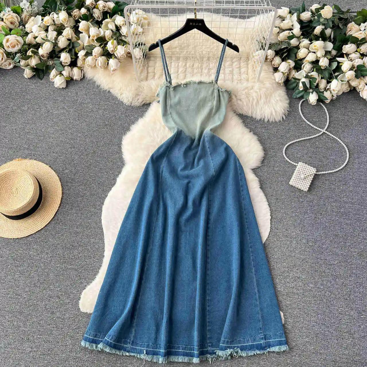 denim chiffon maxi dress chouyatou Women's Sleeveless Denim Chiffon Splicing Ruffle Overall Dress  Loose Maxi Bib Jumper Dress (Medium,Beige) at Amazon Women's Clothing store