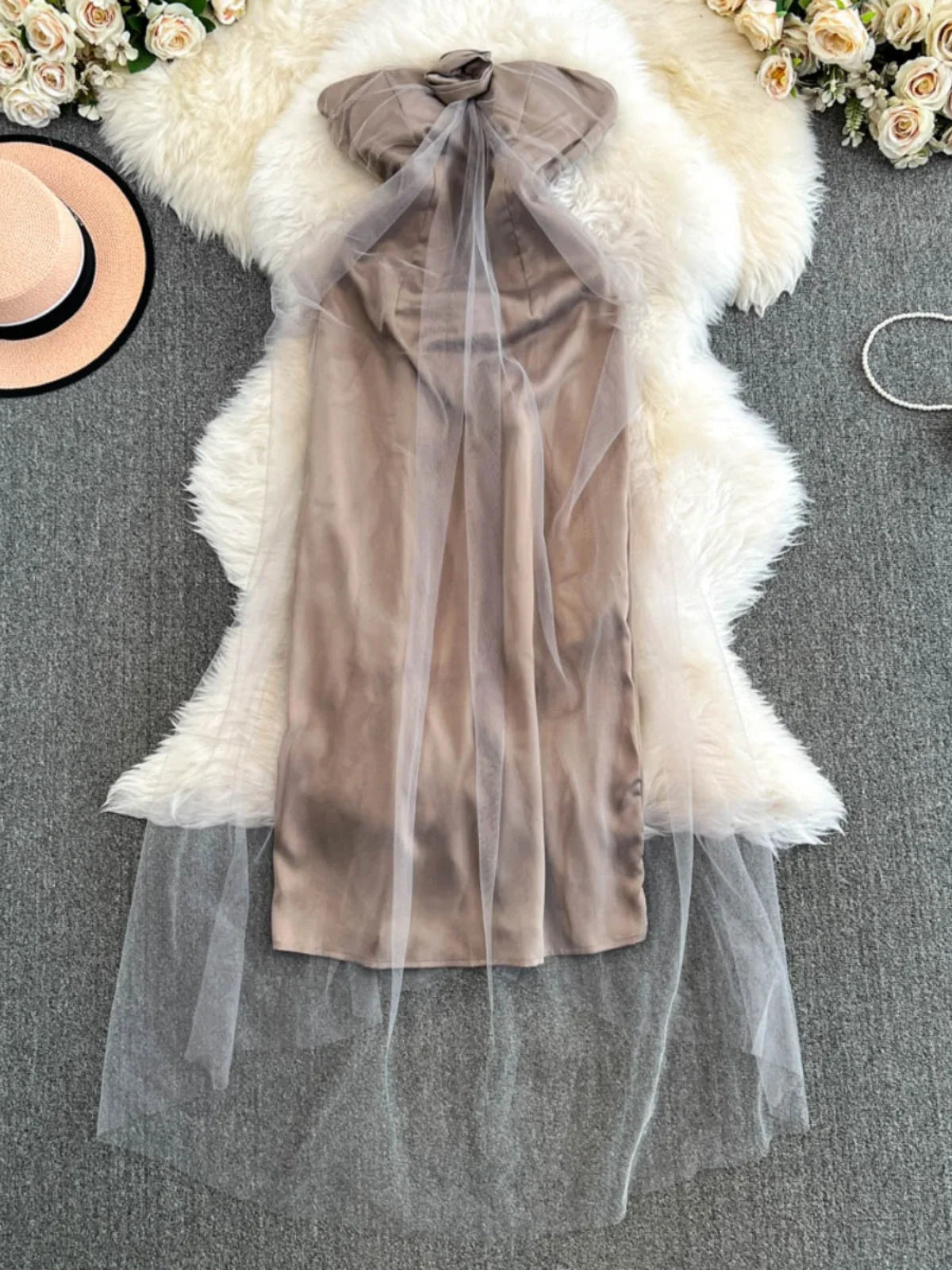 Satin Slip Dress with Sheer Mesh Overlay