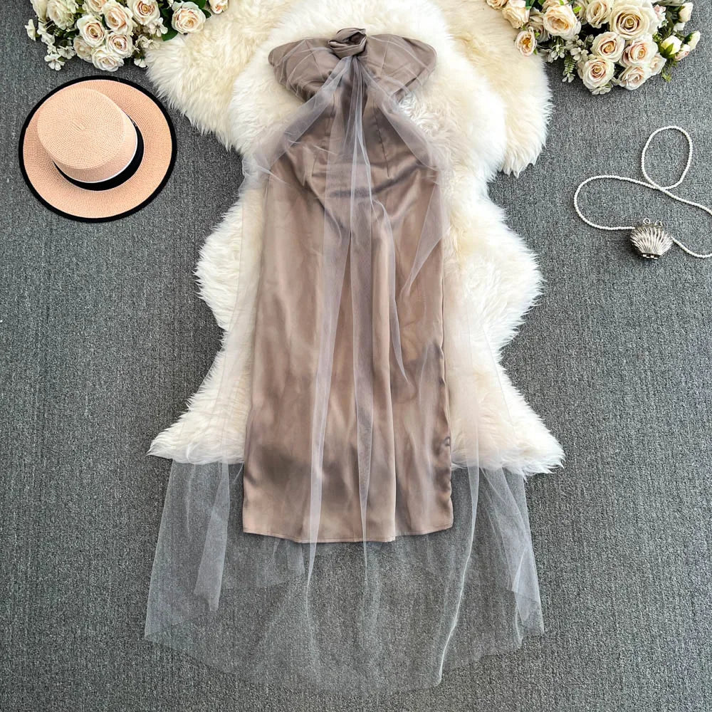 Satin Slip Dress With Sheer Mesh Overlay on Luulla