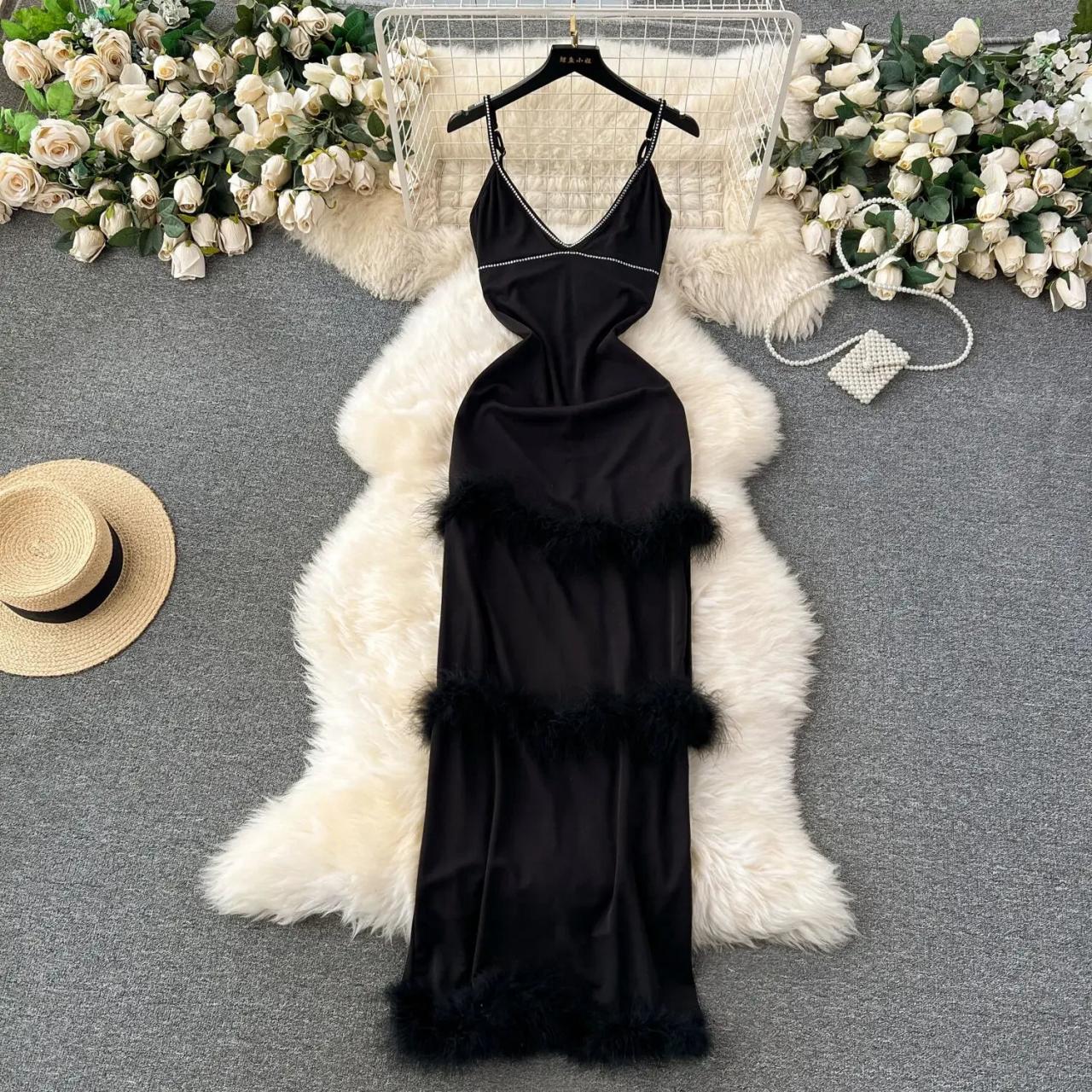 black satin feather dress Strapless Long Prom Dress with Feathers Black Feather / 6