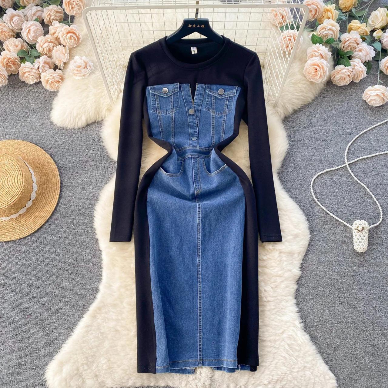 slim fit dress slacks Slim Fit Denim Dress with Cutout Details A main image 0