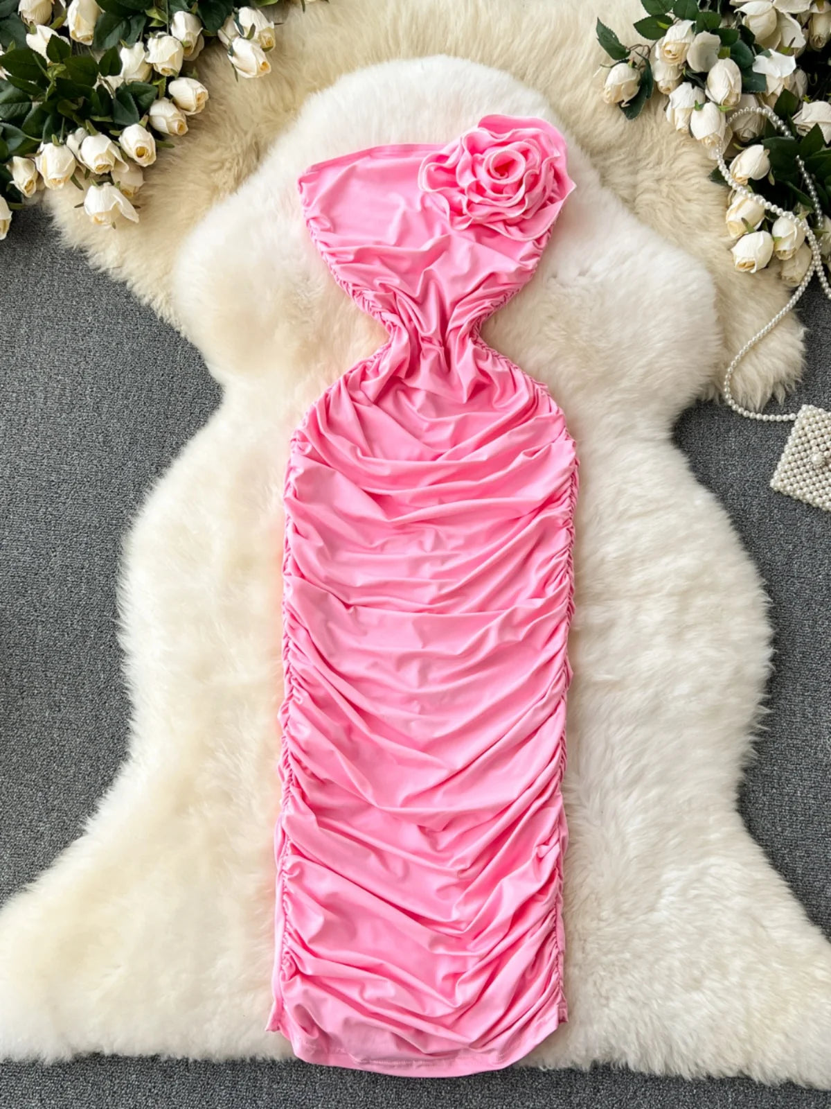 Ruched Bodycon Dress In Soft Pink Fabric