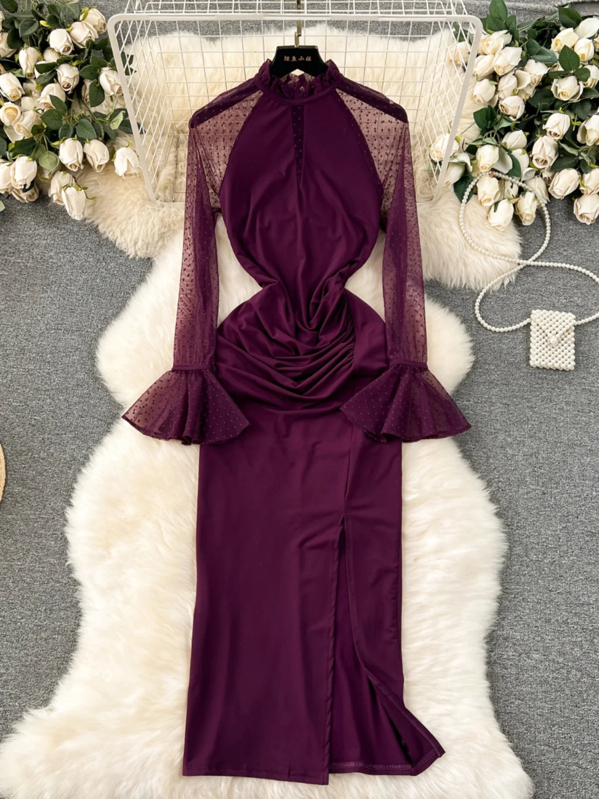 Burgundy Dress With Sheer Bell Sleeves Design